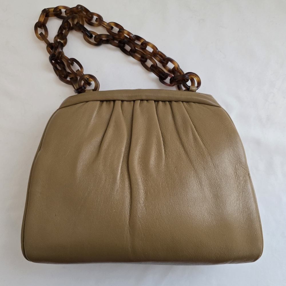 MM Capeskin Morris Moskowitz Vintage Leather Pleated Clutch With Tortoise Chain